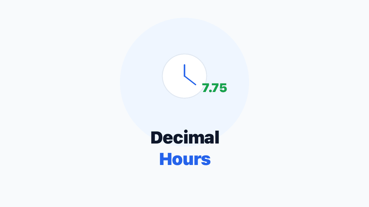 Simple guide cover icon: clock face converting to 7.75 decimal with Decimal Hours label.