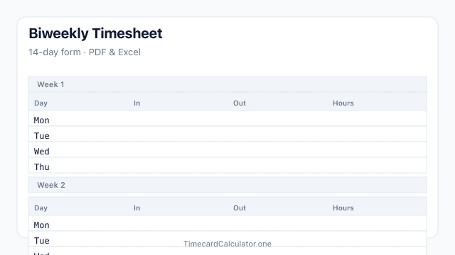 Blank biweekly timesheet template preview with Week 1 and Week 2 sections, daily clock in and clock out columns, and pay-period total row for 14-day employee payroll