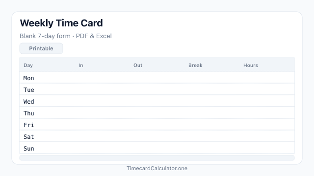 Blank weekly time card template preview showing Monday through Sunday rows with clock in, clock out, break minutes, and total hours columns for employee payroll